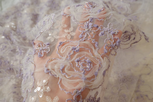 3D Ribbon Rose Sequin Embroidered Tulle – Lavender Statement Mesh Fabric (2.19 yards)