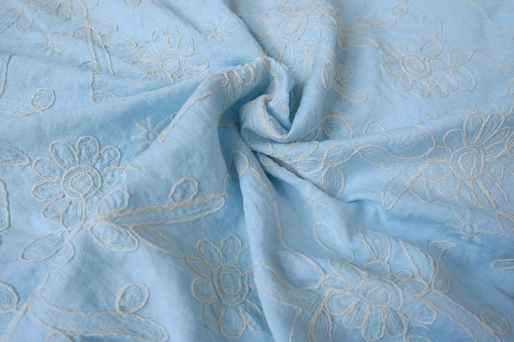 Blue Embroidered Tencel Linen Fabric - 2.19 yd