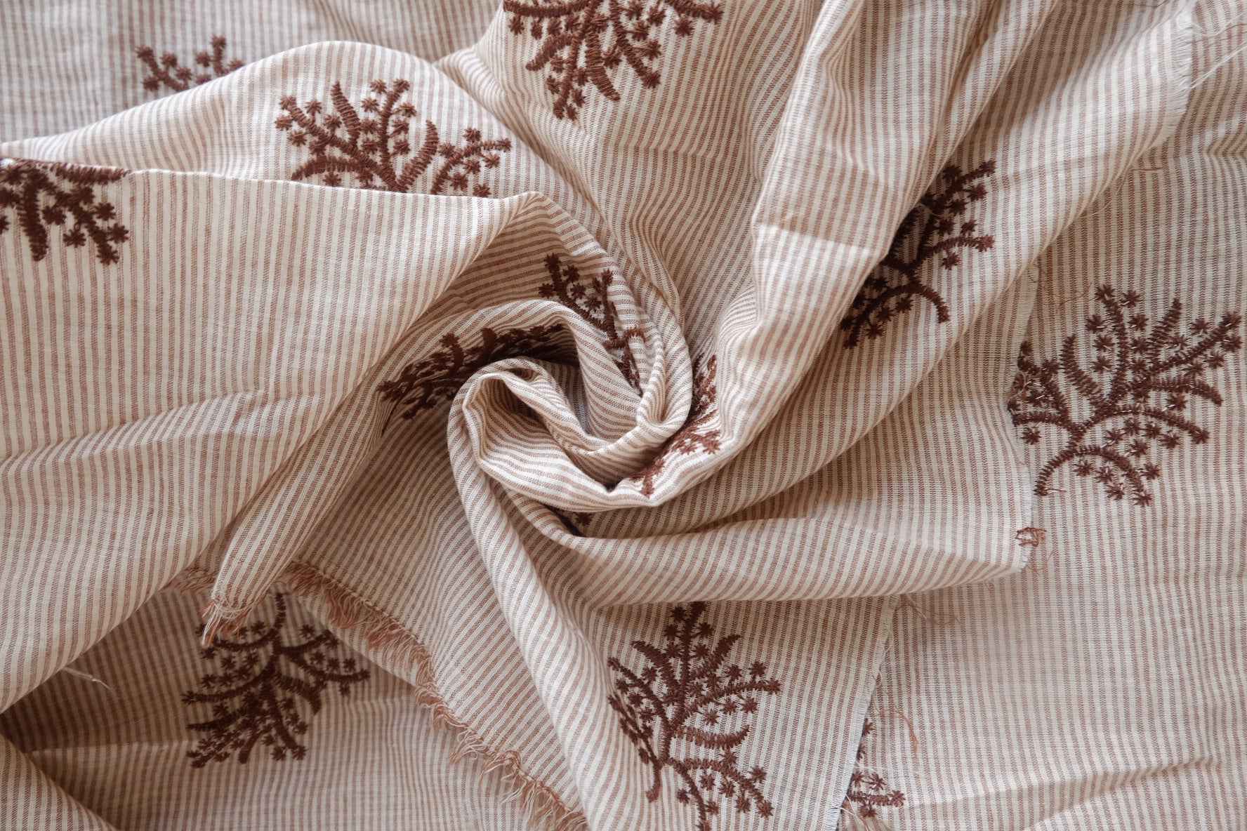 Brown Embroidered Stripe Cotton-Linen Fabric - 1.59 yd