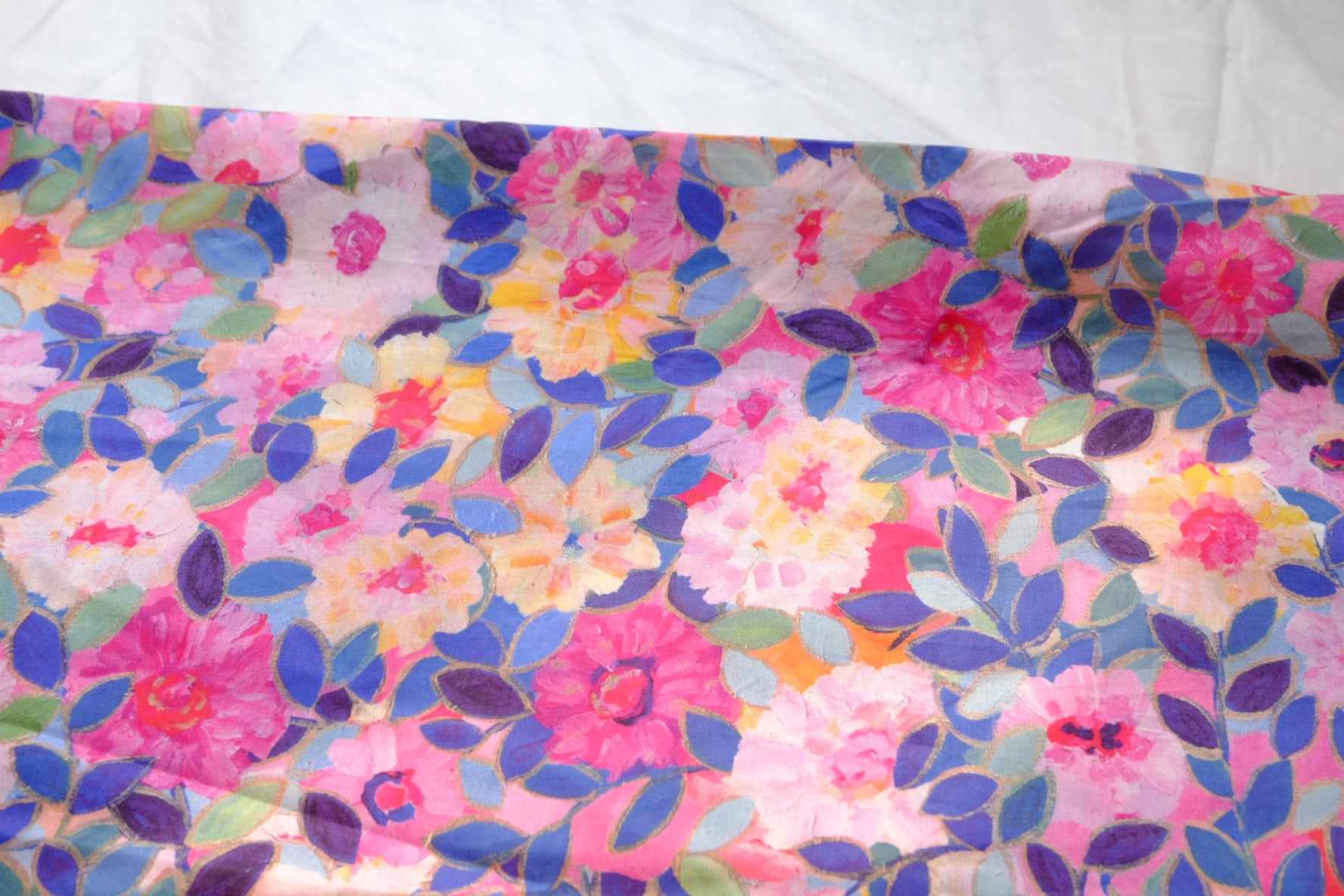 Painterly Pink Blue Floral Cotton Poplin Fabric,  2.84 Yards