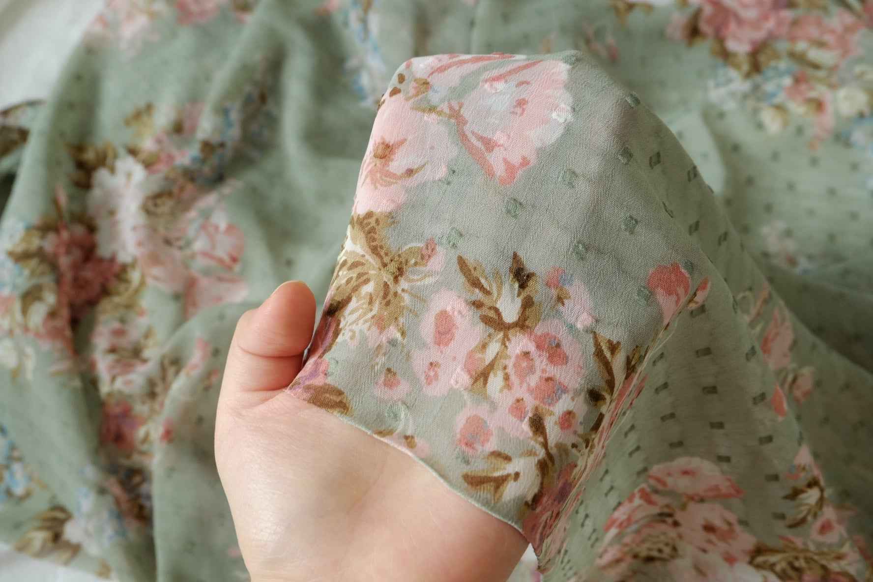 Sage Green Floral Dobby Chiffon Fabric, Sheer Lightweight Summer Dress Weight, 2.19 Yards