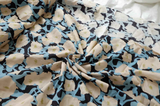 Graphic Blue Poppy Cotton Fabric, Lightweight 60s Cotton, 1.97 Yards
