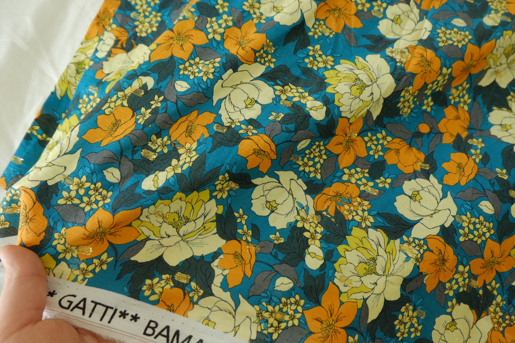 Teal & Orange Floral Gold-Dot Cotton Lawn – 1.6 yd