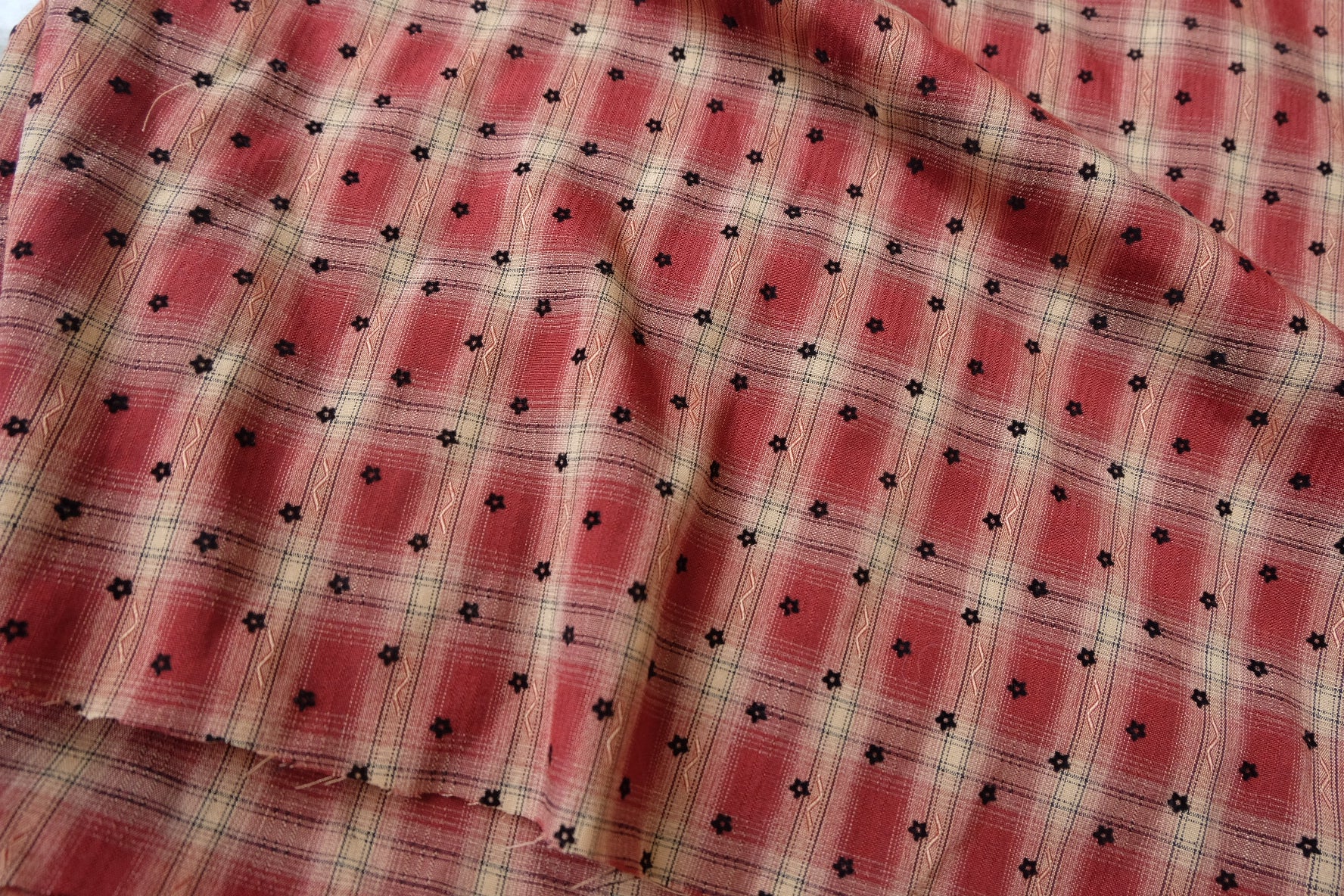 Flocked Little Black Floral Plaid Jacquard Cotton-Poly Shirting — 3.28 yd