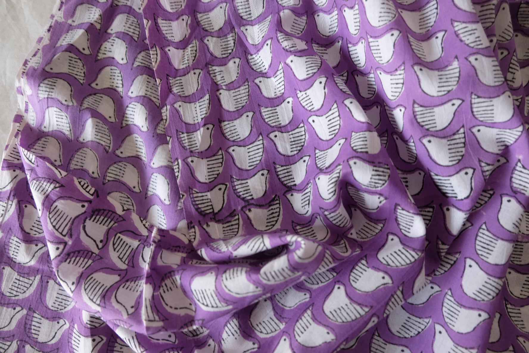 Indian Hand Block Printed Cotton Fabric – Purple Bird Pattern – Sold by the Meter