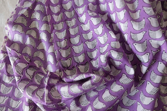 Indian Hand Block Printed Cotton Fabric – Purple Bird Pattern – Sold by the Meter