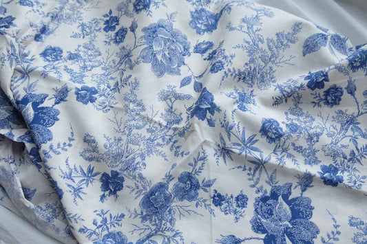 Blue Toile Floral Cotton Lawn Fabric - 4.4 yd
