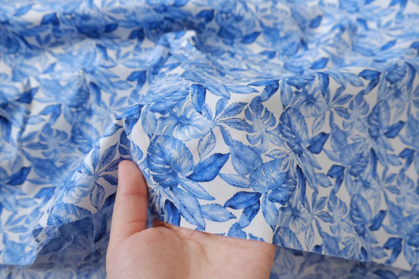 Blue Tropical Leaf Stretch Cotton Fabric — 2.52 yd
