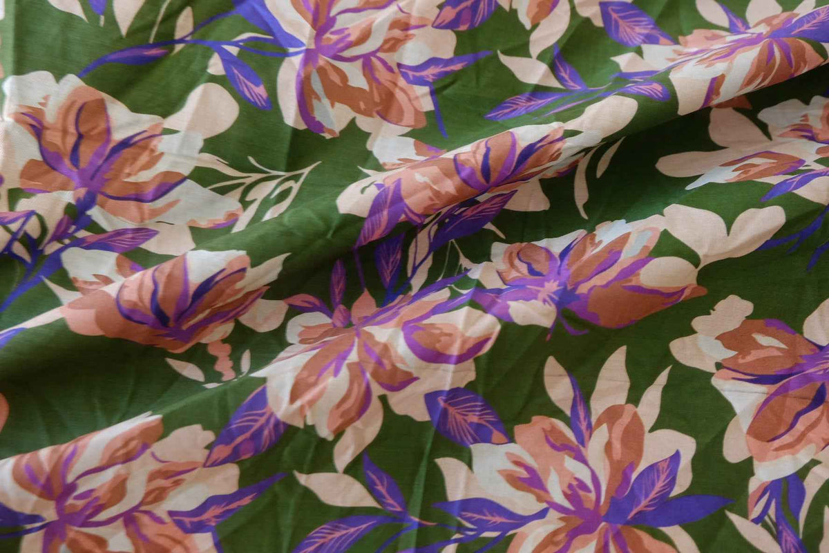 Forest Green & Lilac Floral Cotton Lawn Fabric – 2.5 yd