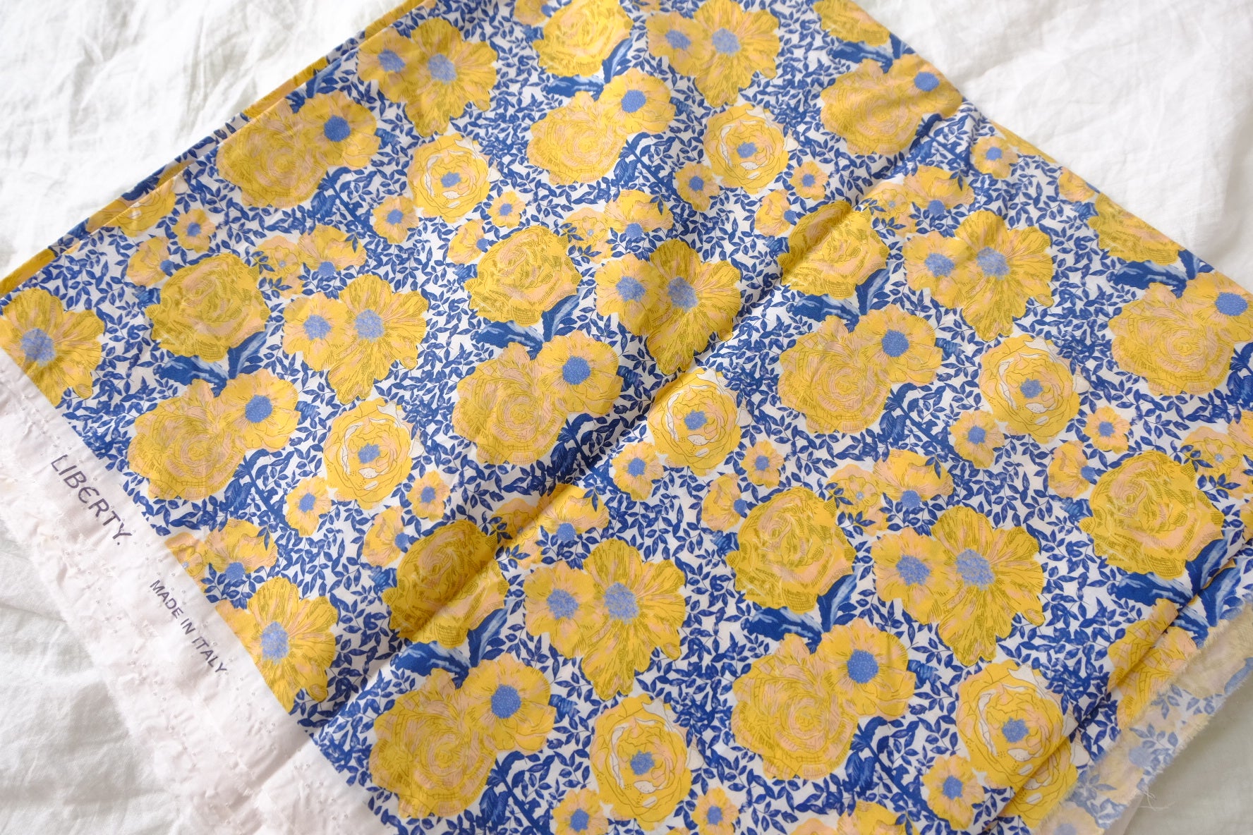 Yellow Blue Rose Garden Cotton Lawn Fabric - 2.95 yd