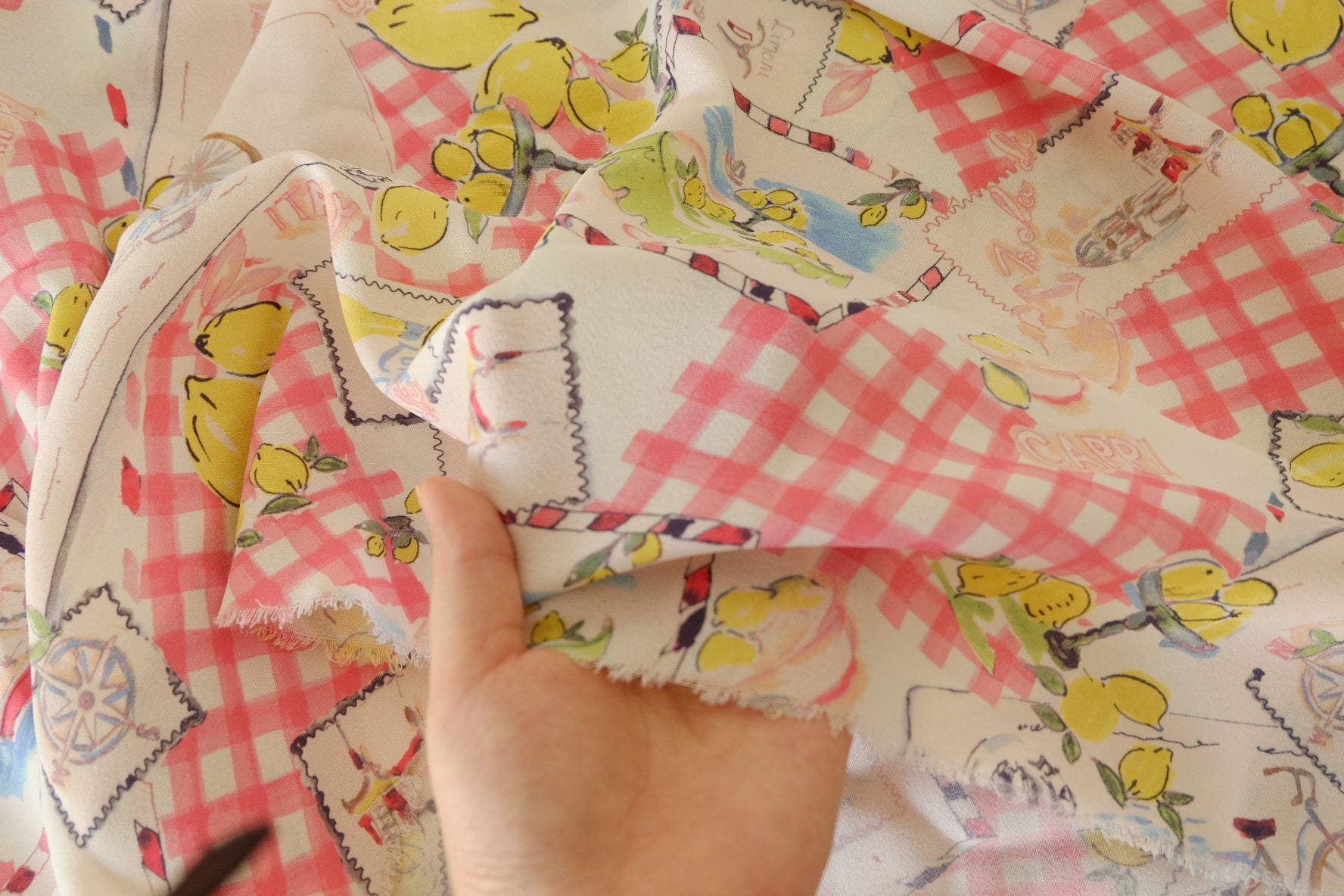 Rayon Chiffon Print Fabric – Italian Lemon & Postcard Patchwork -3.3 yds