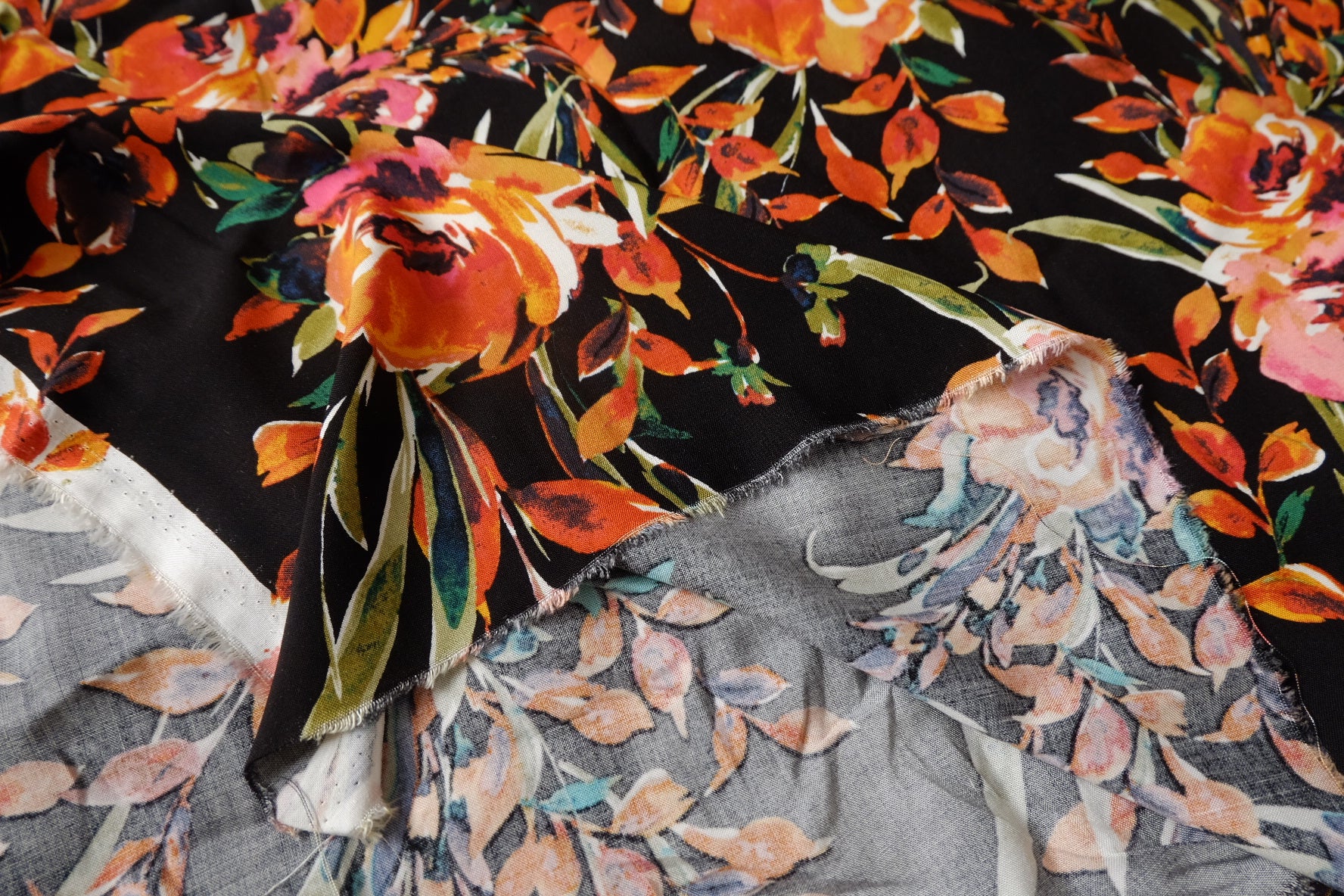 Black Tropical Floral Rayon Challis Fabric - 3.28 yd