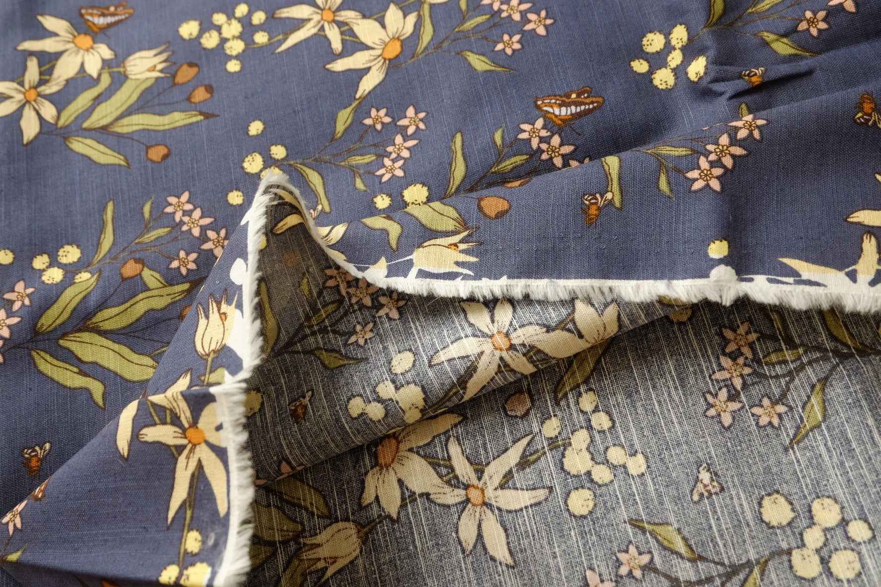 Dusky Blue Wildflower Slub Cotton Linen Fabric, Medium Weight for Trousers and Sets, 1.64 Yards