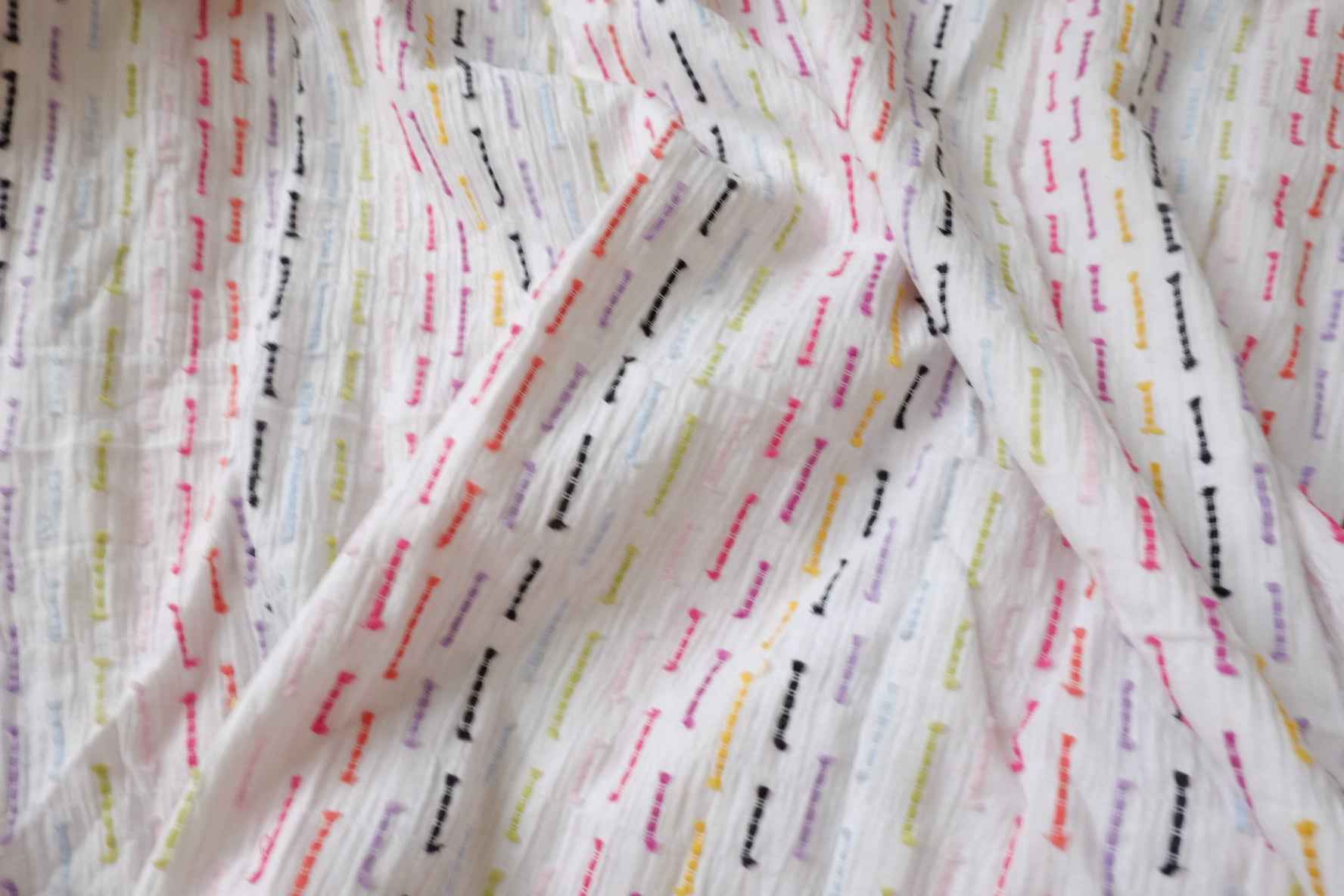 Crinkled Cotton Clip Dot Fabric with Multicolor Embroidery, Soft Opaque Summer Blouse Fabric, 2.19 Yards