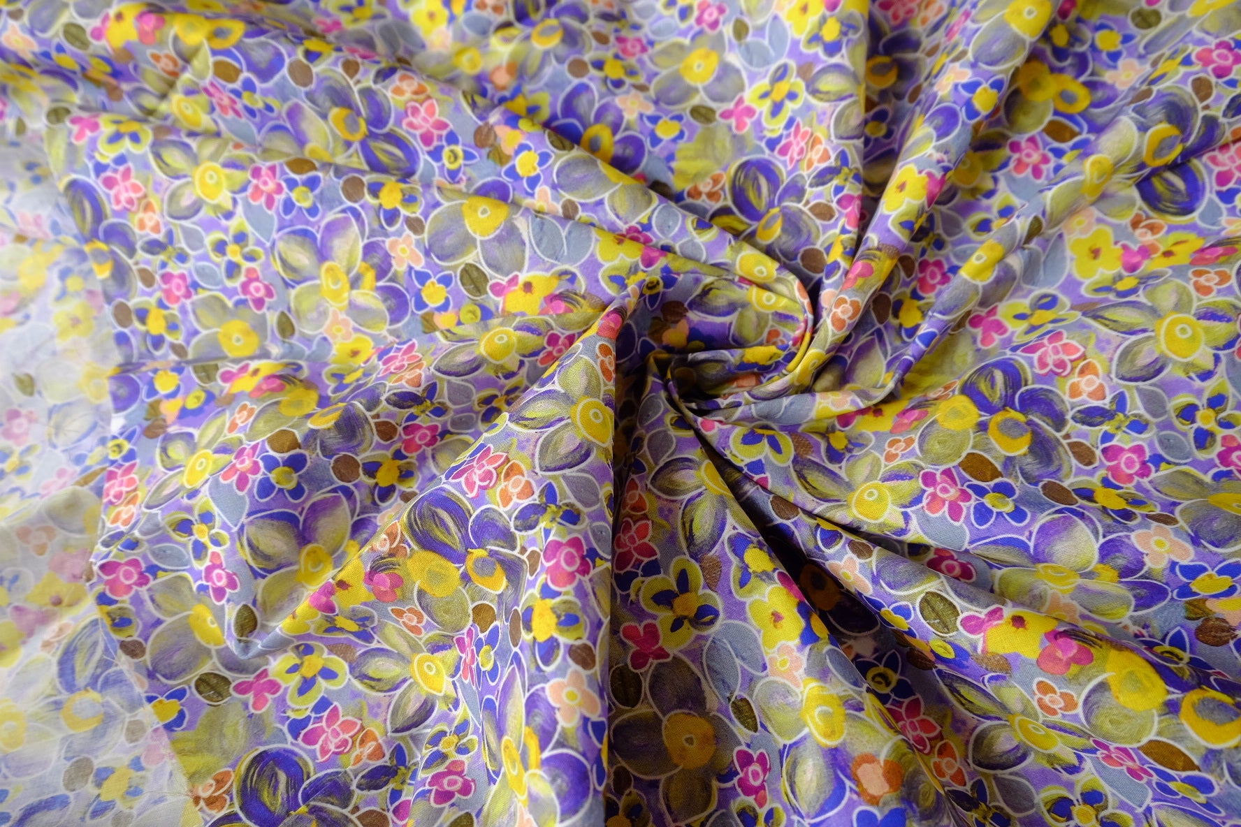 Painterly Purple Yellow Floral Cotton Lawn Fabric - 3.28 yd