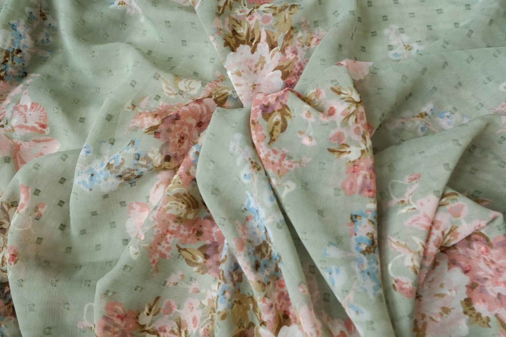 Sage Green Floral Dobby Chiffon Fabric, Sheer Lightweight Summer Dress Weight, 2.19 Yards