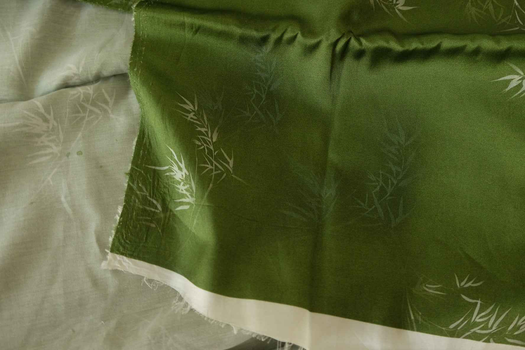 Silky Rayon Fabric – Moss Green Bamboo Leaf Print-2.2 yards