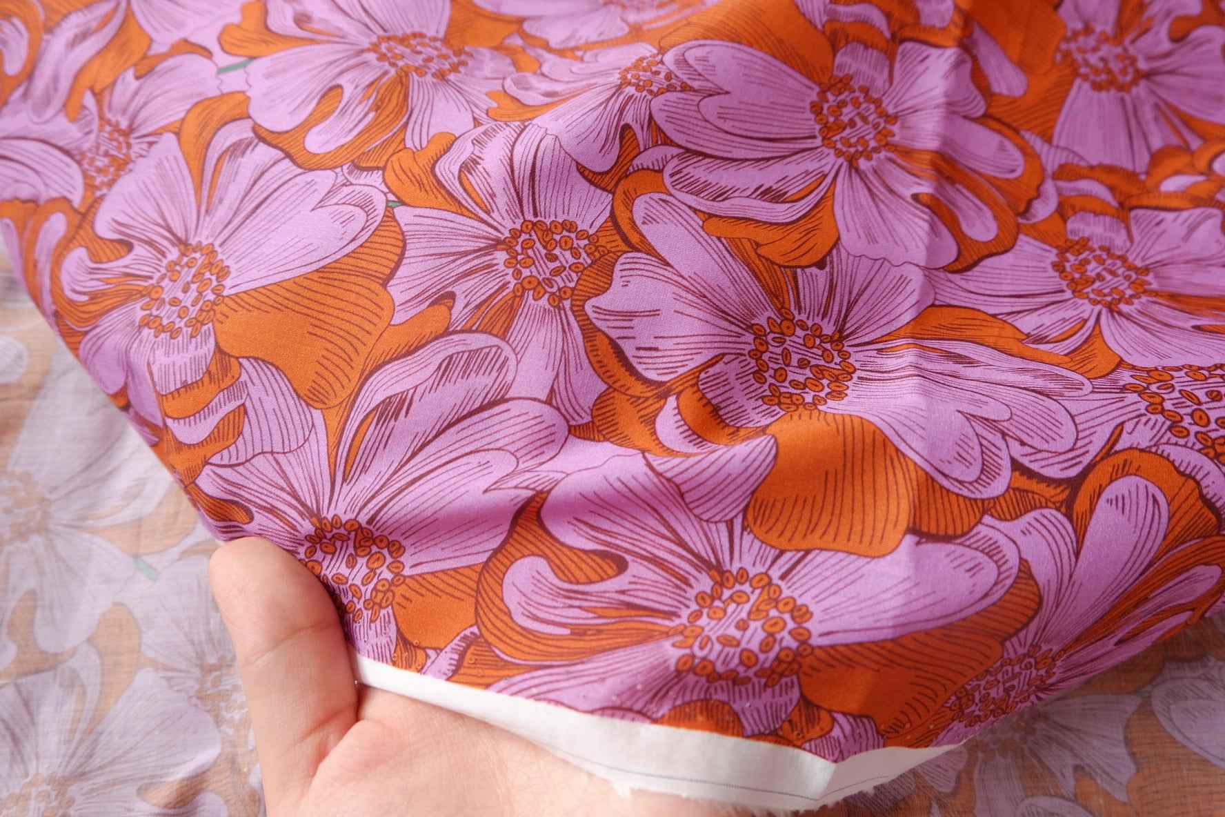 Purple Orange Vintage Floral Cotton Lawn Fabric - 3.17 yd