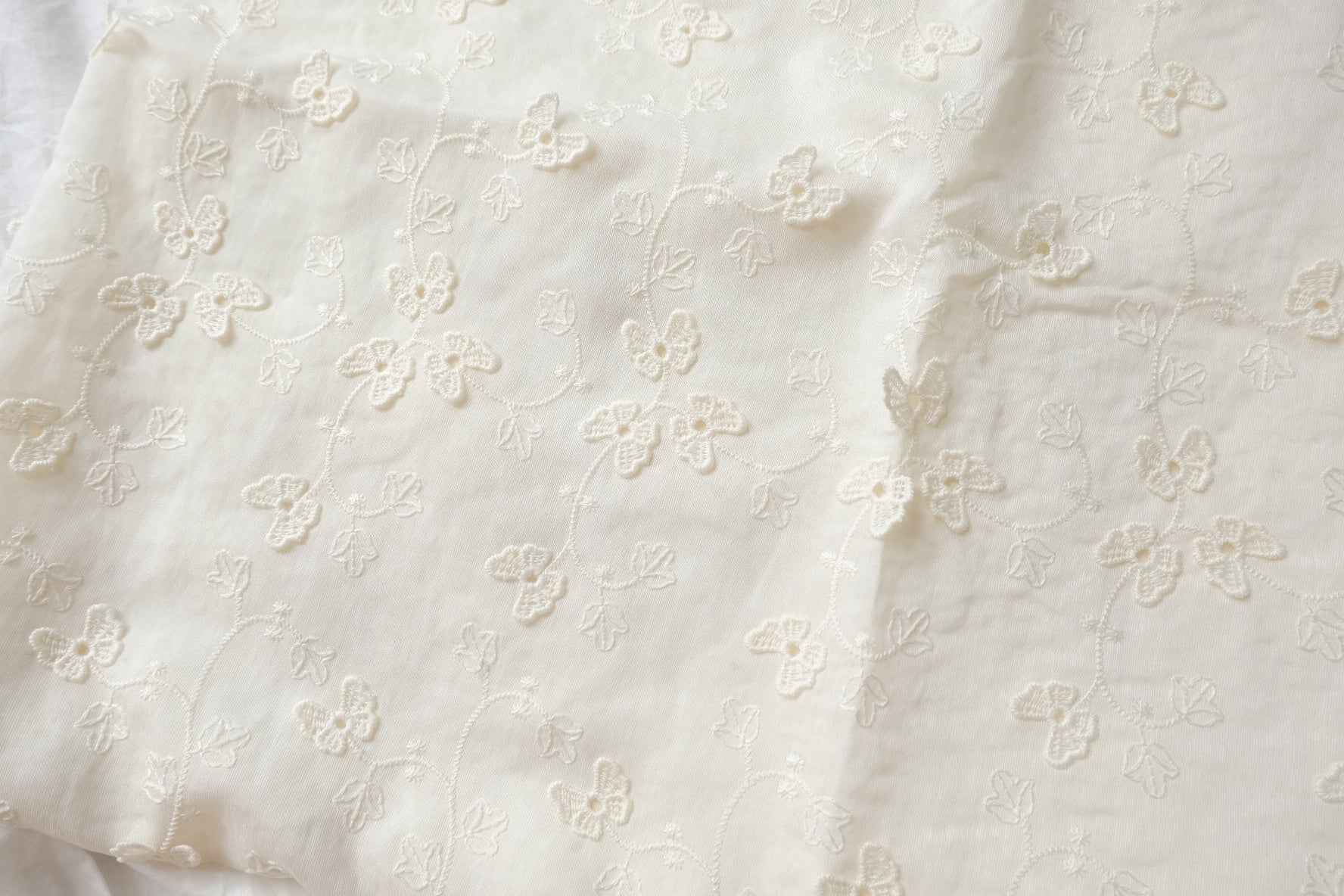Ivory Floating Floral Embroidered Tencel Cotton Fabric, Romantic Semi-Sheer Dress Weight, 2.19 Yards