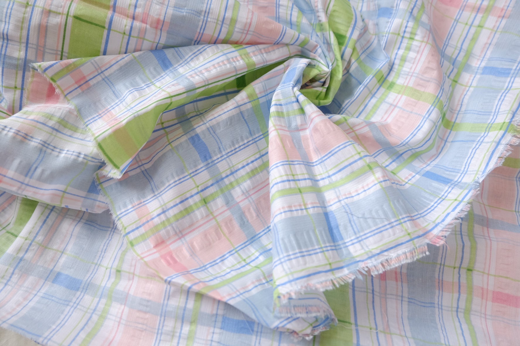 Pastel Plaid Seersucker Cotton Blend Fabric – Crisp Summer Shirting (2.19 yards)