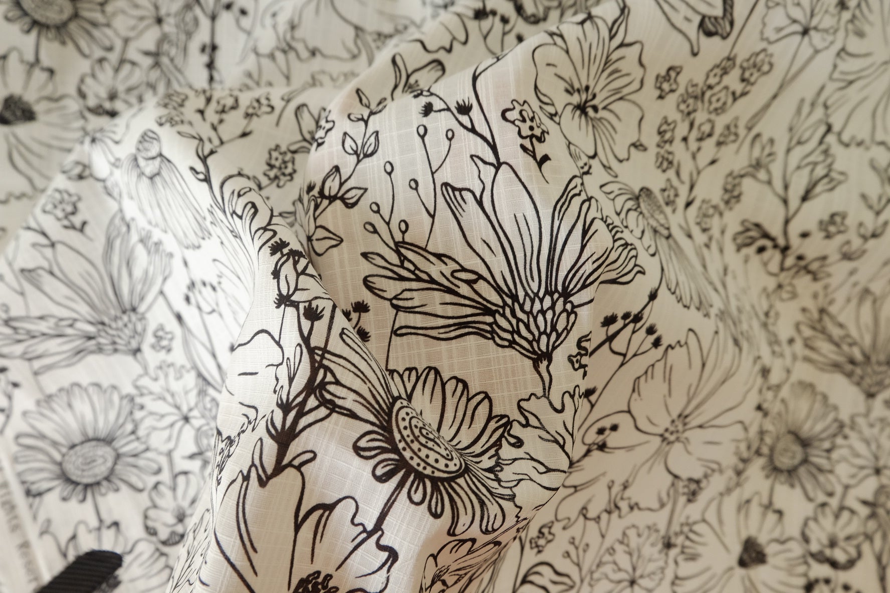Black Line Floral Slub Cotton Fabric – 1.6 yd