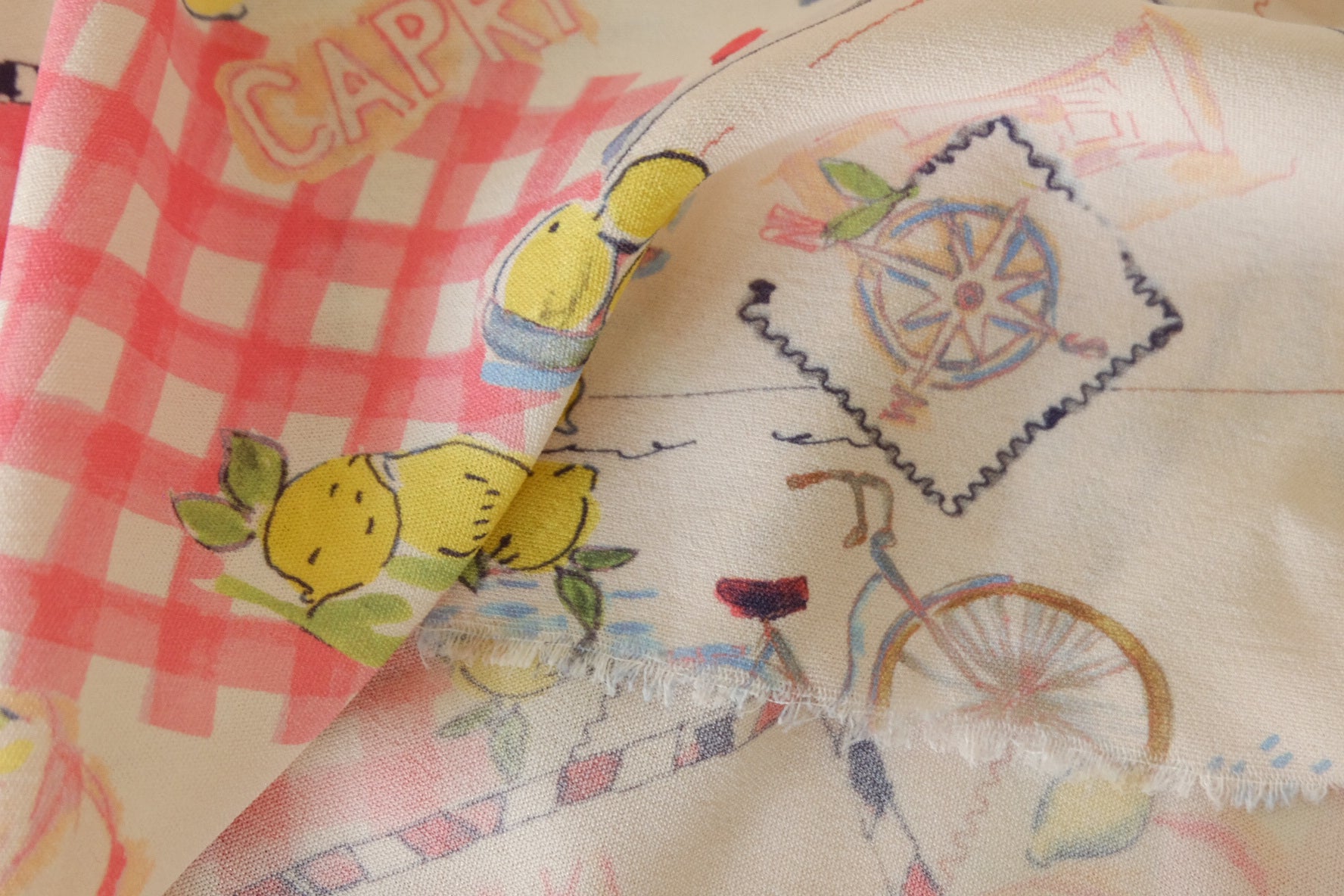 Rayon Chiffon Print Fabric – Italian Lemon & Postcard Patchwork -3.3 yds