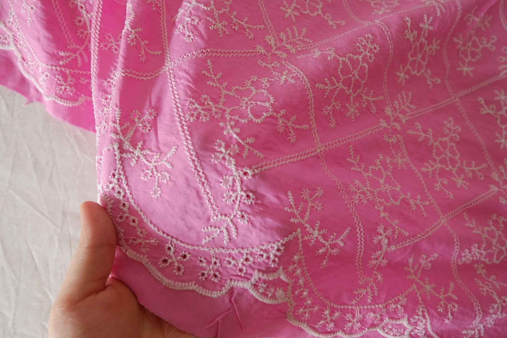 Bright Pink Floral Embroidered Cotton Linen Blend – 2.2 yd