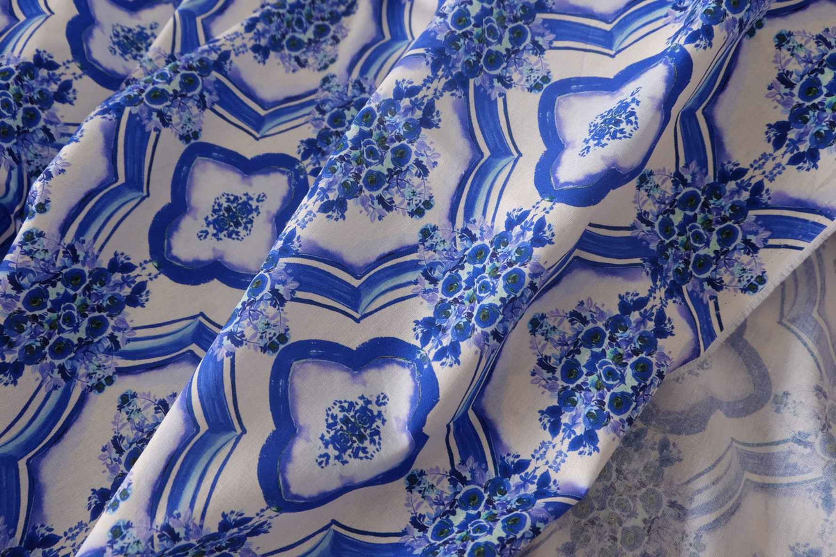 Blue Floral Tile Cotton Poplin — 3.28 yd