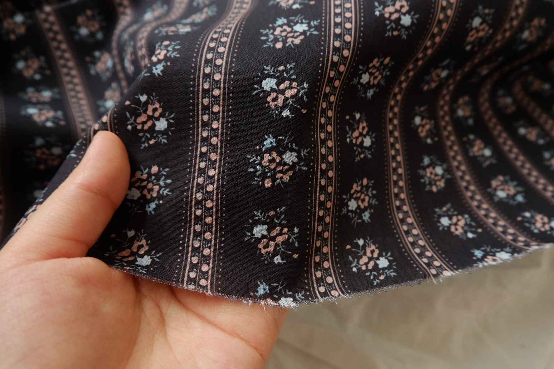 Black Stripe Floral Cotton Poplin Fabric - 3.28 yd