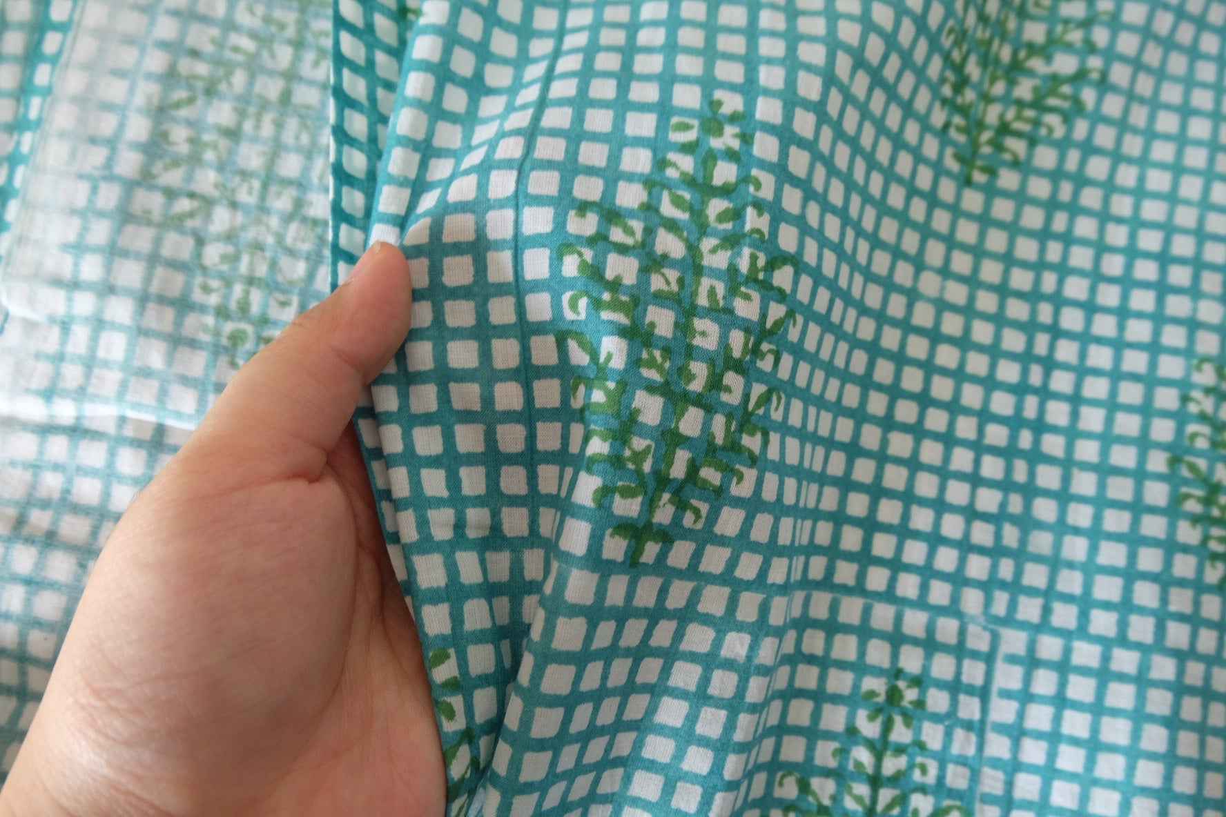 Indian Hand Block Printed Cotton Fabric – Aqua Lattice Floral Pattern – Sold by the Meter