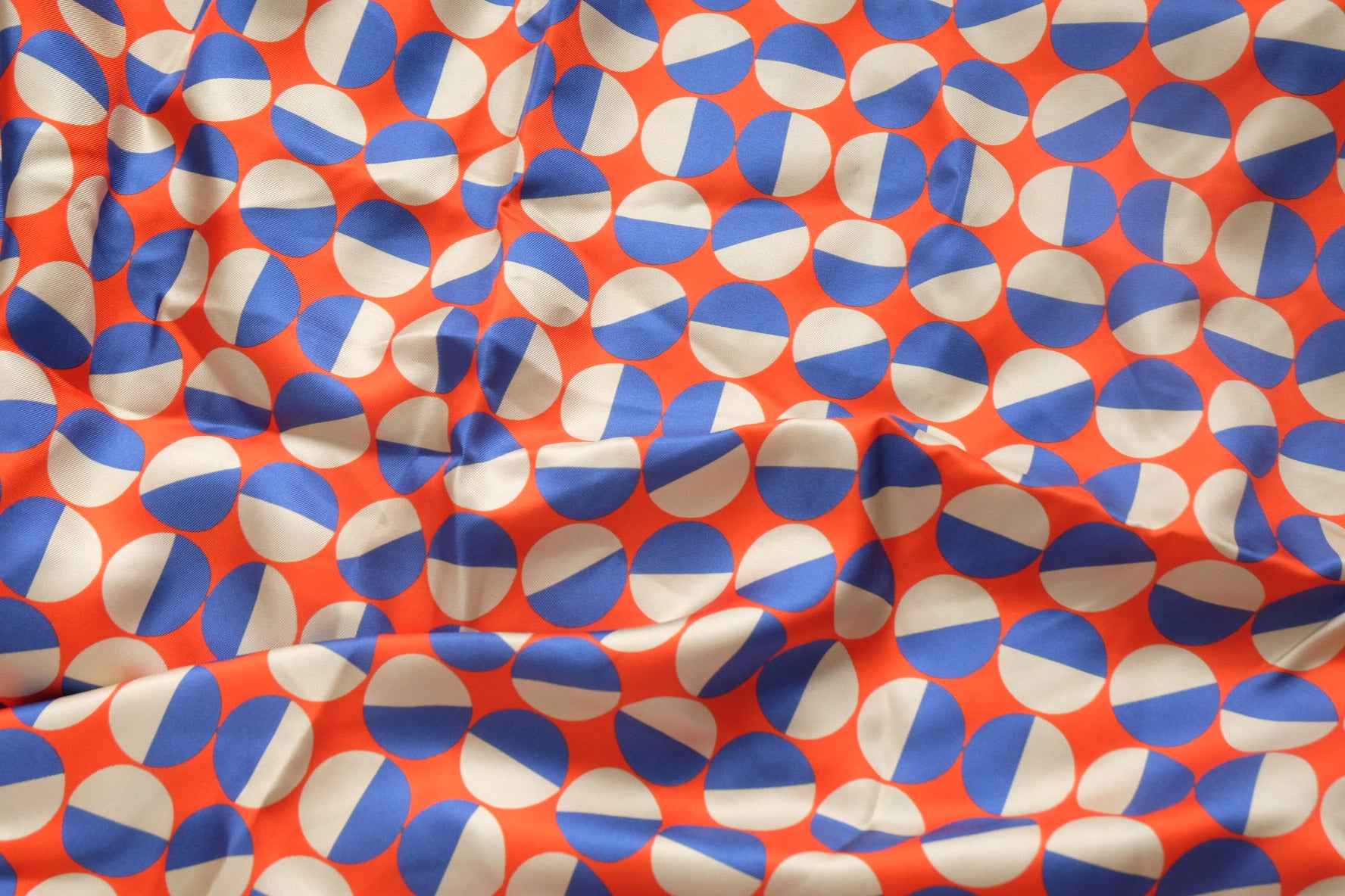 Graphic Orange Blue Silk Twill Crepe Fabric, Crisp Structured Weight, 2.21 Yards