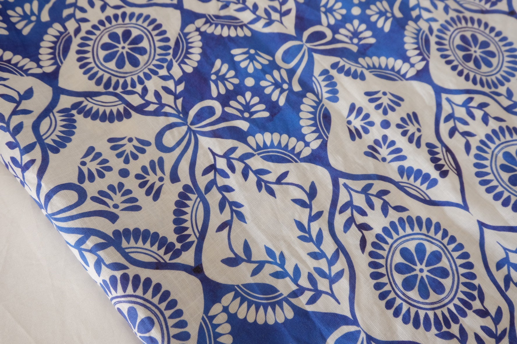Blue Geometric Floral Cotton Linen Blend Fabric – 1.7 yd