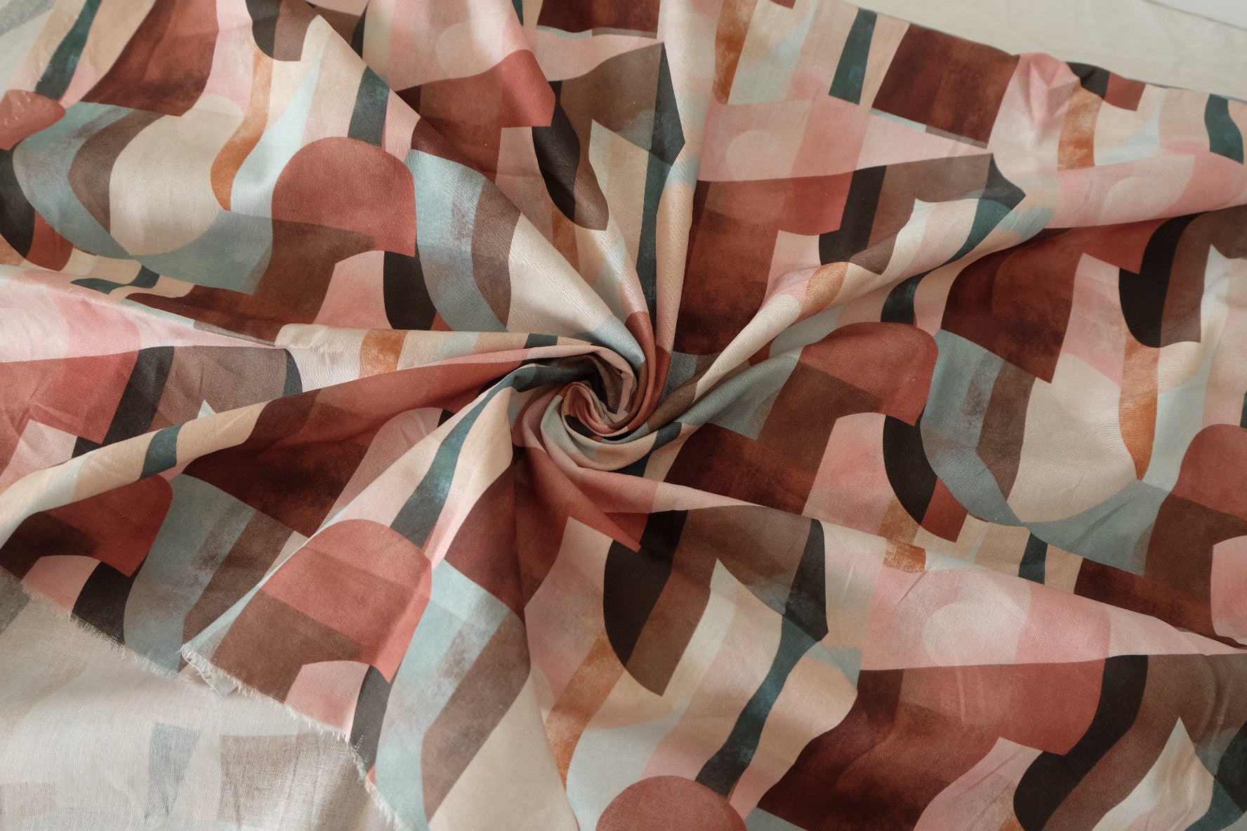 Abstract Geometric Cotton Fabric in Pink Brown Blue - 2.2 yd