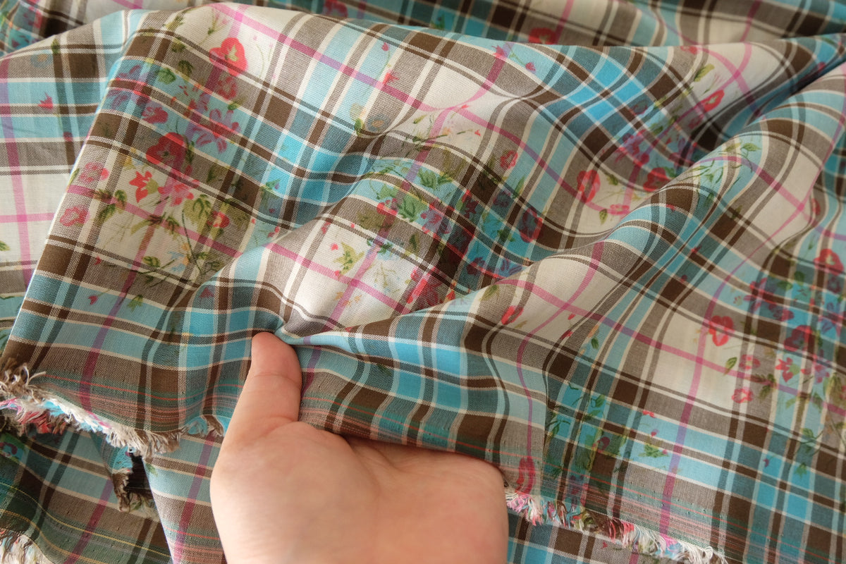 Aqua & Brown Floral Plaid Cotton – 3.3 yd