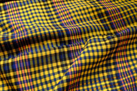 Bold Yellow Plaid Chiffon Fabric, Opaque Lightweight Dress Weight, 2.19 Yards