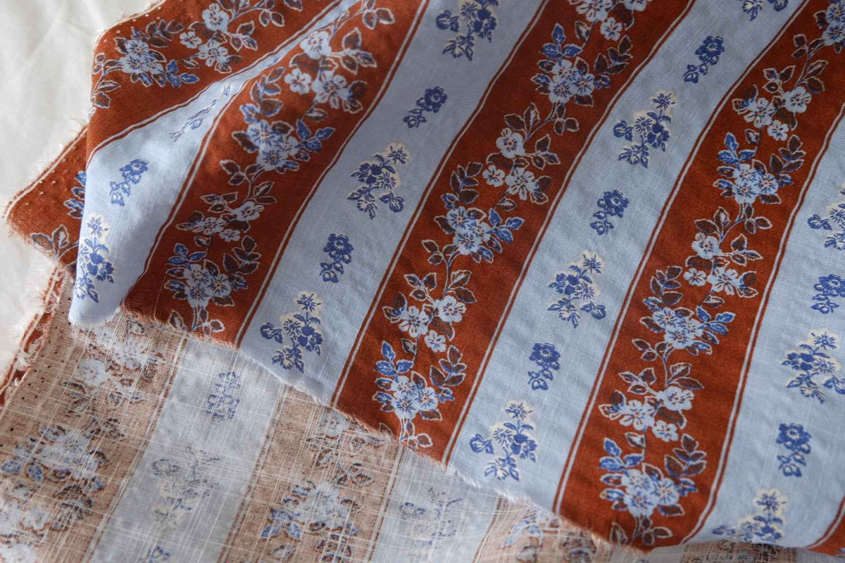 Rust & Blue Floral Slub Cotton — 2.19 yd