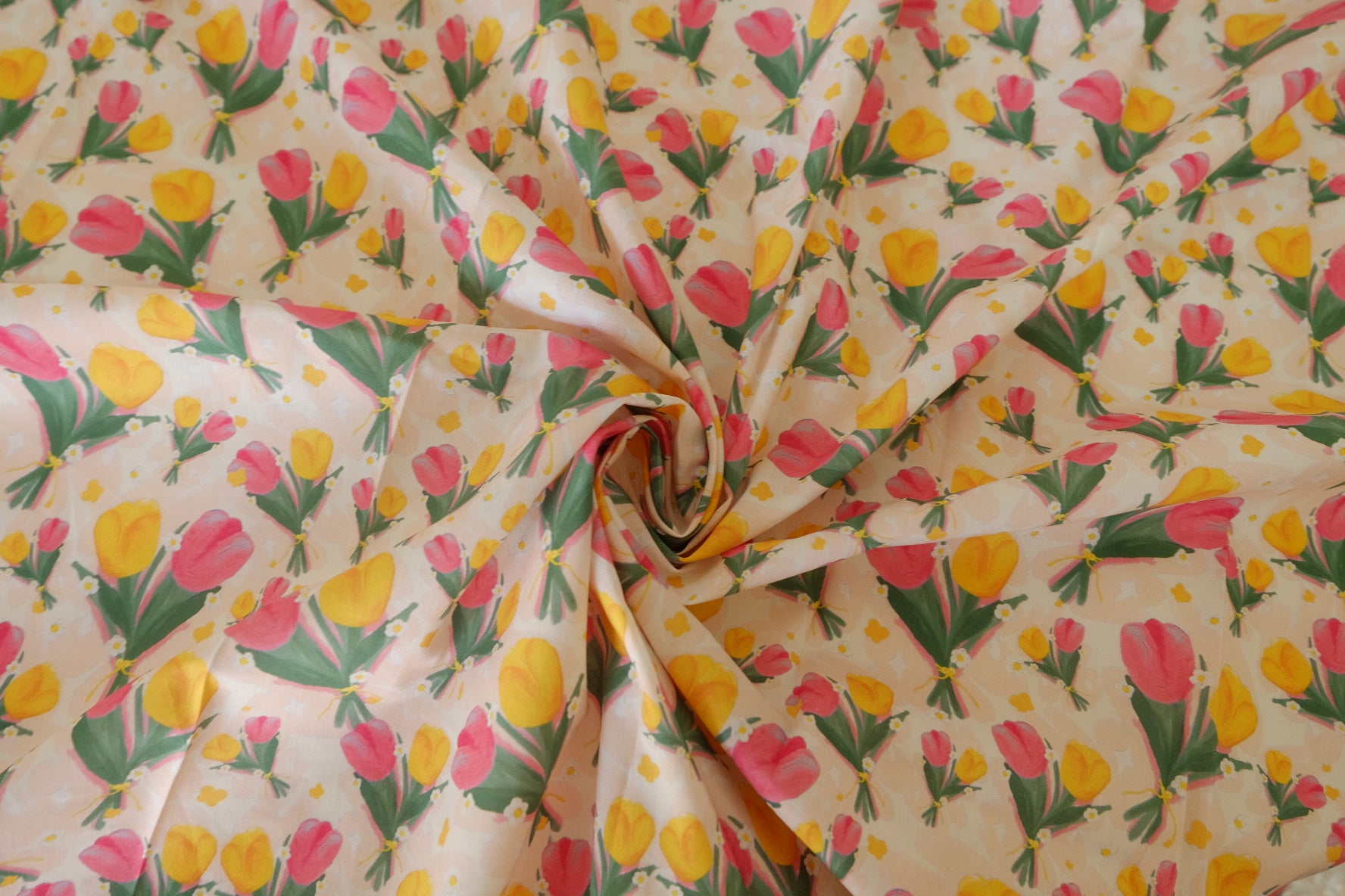 Tulip Bouquet Cotton Lawn Fabric – Pink Yellow Spring Floral Print (1.6 yd Cut)
