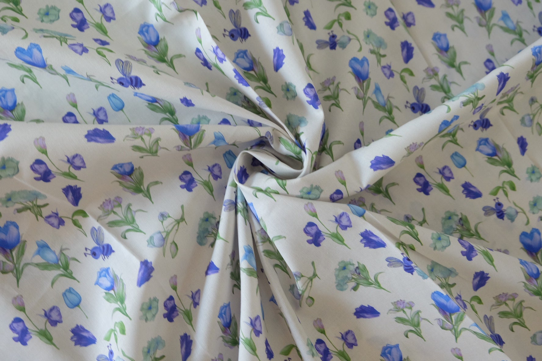 Blue Meadow Cotton Lawn Fabric – Floral Bee Garden Print (3.8 yd Cut)