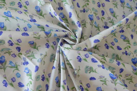 Blue Meadow Cotton Lawn Fabric – Floral Bee Garden Print (3.8 yd Cut)
