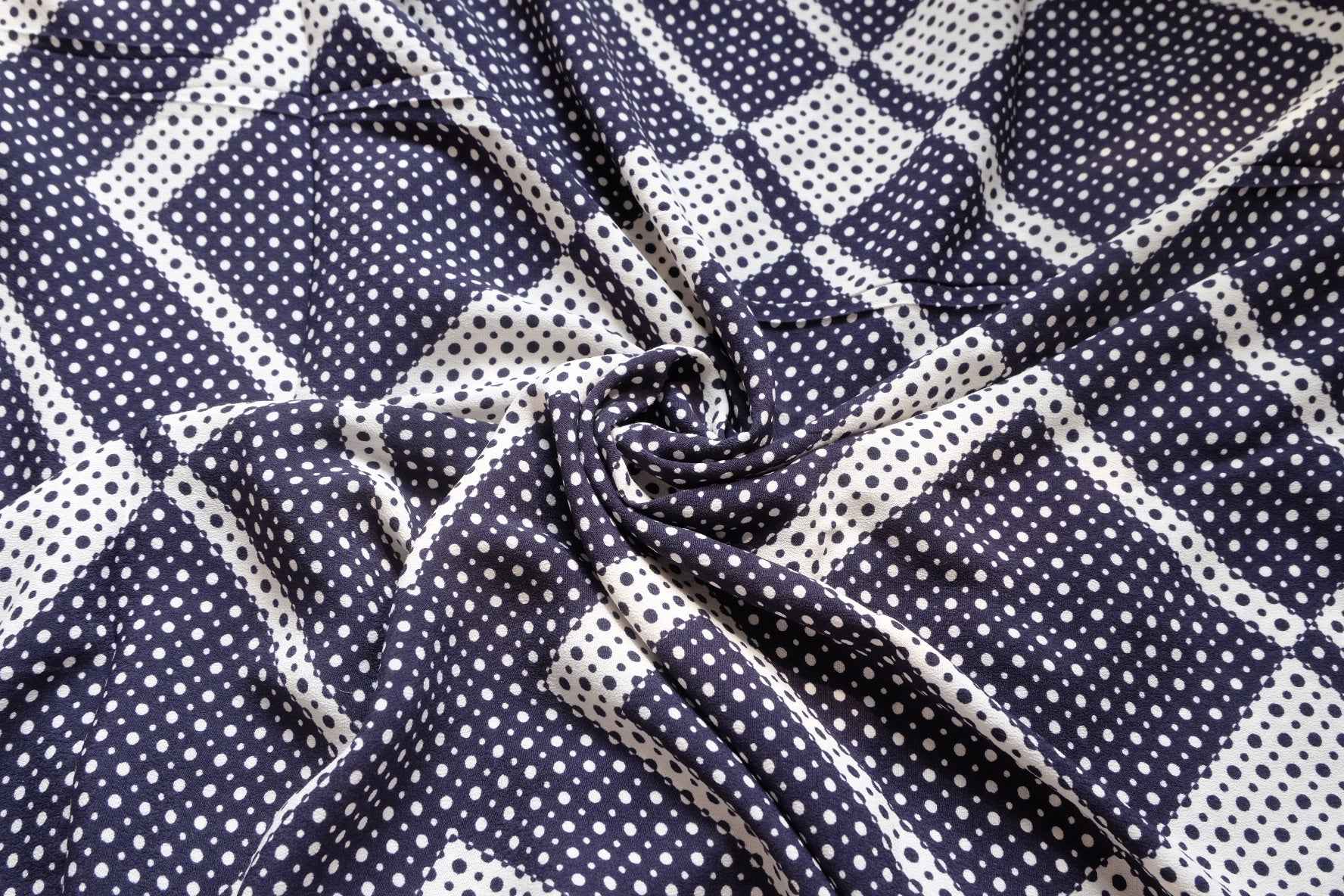 Navy Dot Geometric Dress Fabric, Soft Rayon-Like Hand, 3.28 Yards