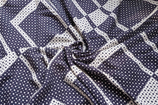 Navy Dot Geometric Dress Fabric, Soft Rayon-Like Hand, 3.28 Yards