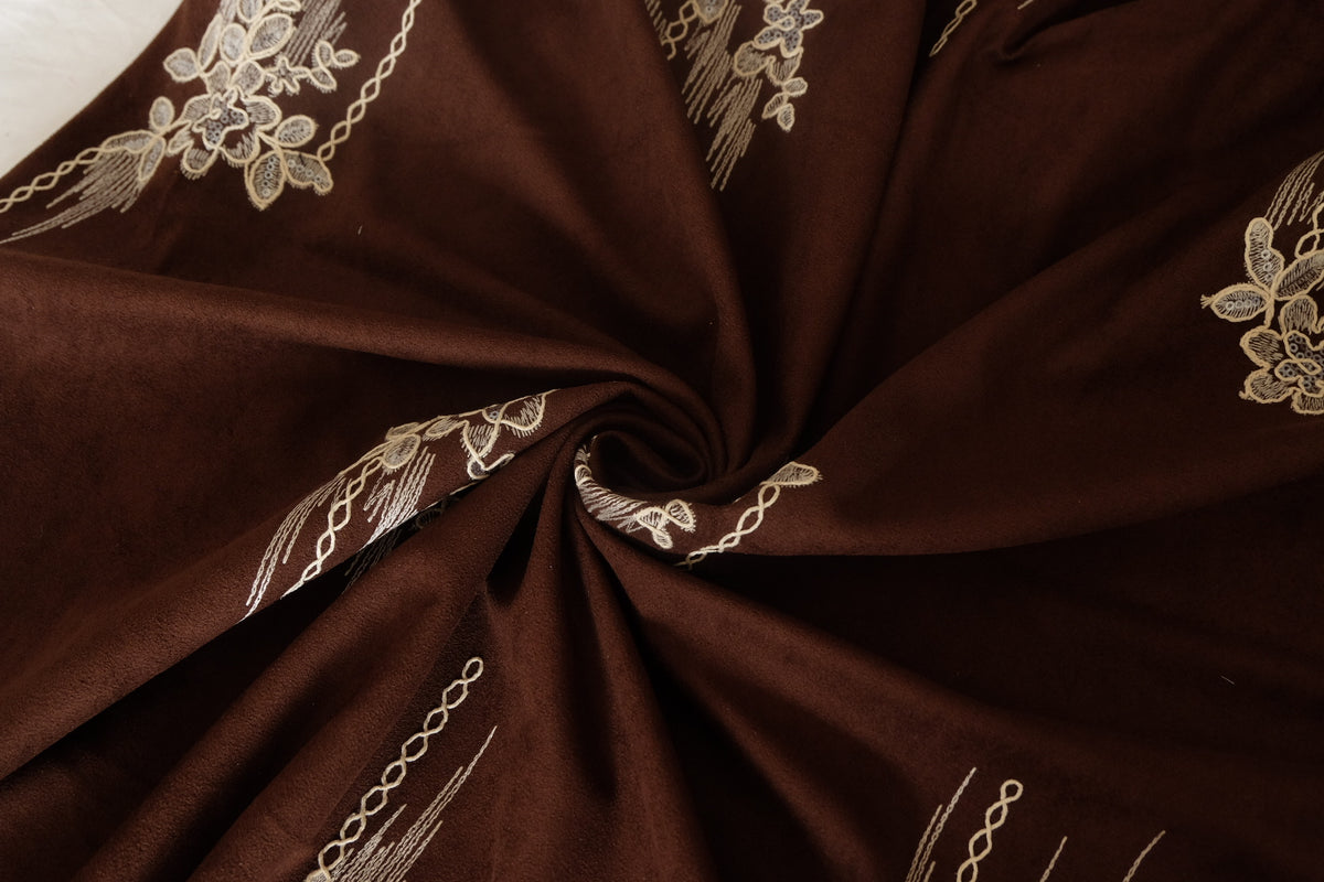 Chocolate Floral Embroidered Faux Suede – 1.1 yd