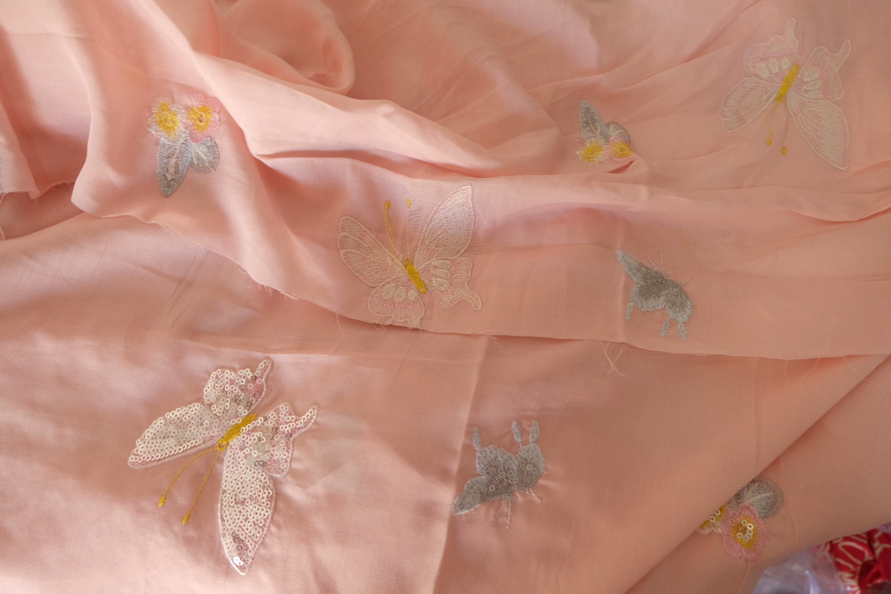 Blush Pink Butterfly Sequin Embroidered Tencel Fabric – 2.2 yd