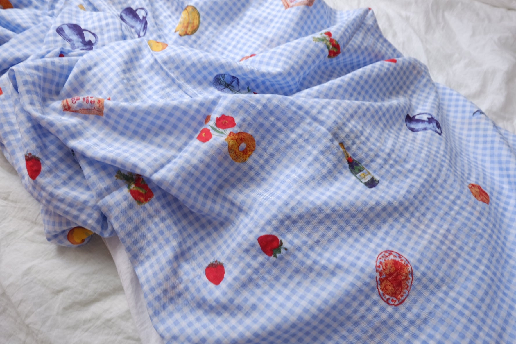 Blue Gingham Picnic Print Lightweight Cotton Fabric — 2.19 yd