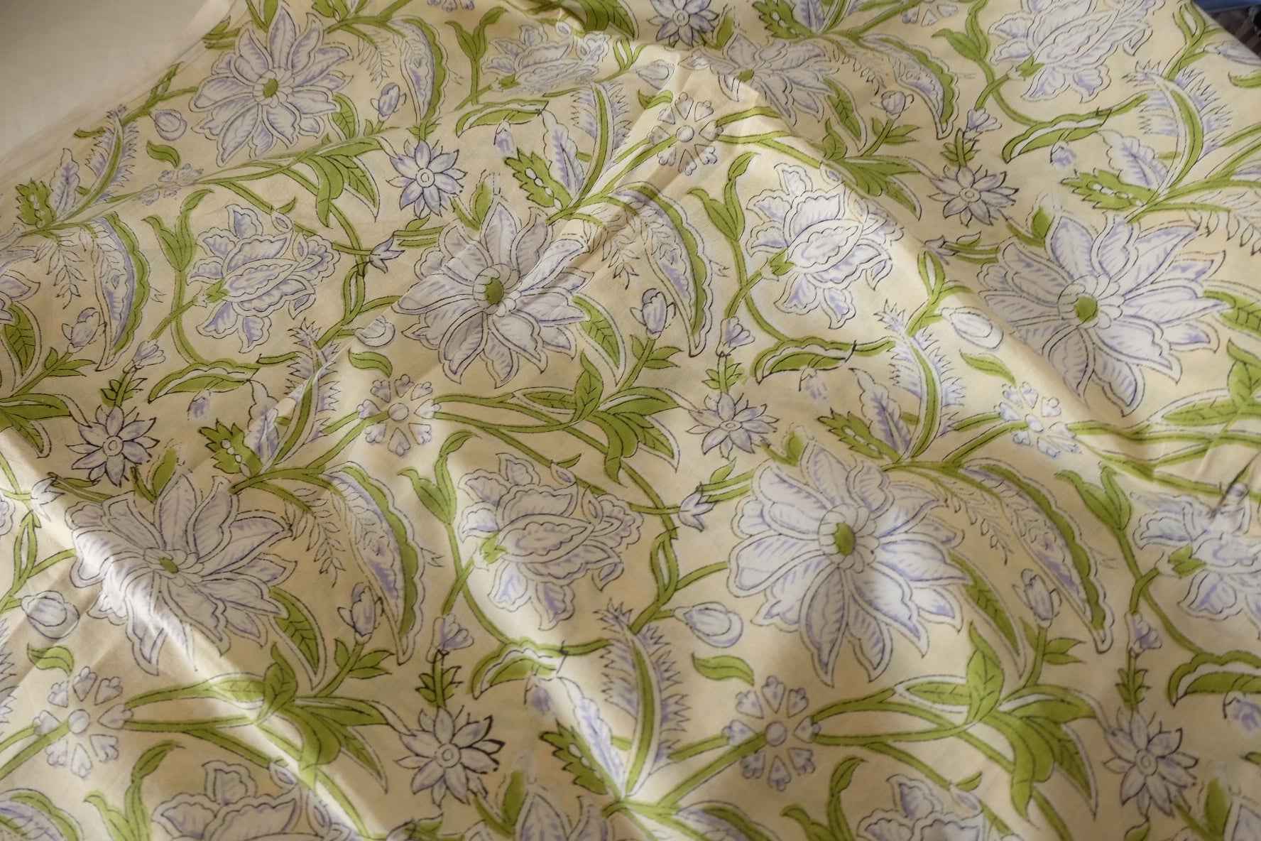 Indian Hand Block Printed Cotton Fabric – Lavender Lotus Vine Pattern – Sold by the Meter