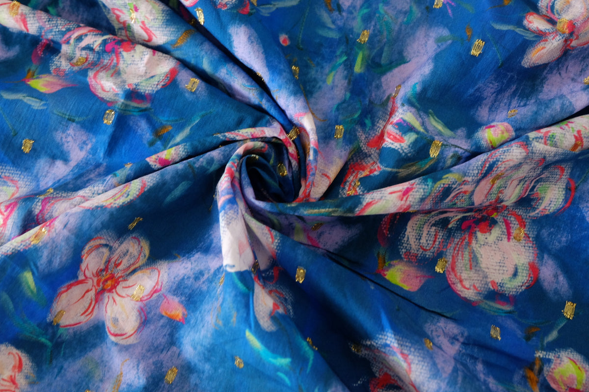 Cobalt Watercolor Floral Gold-Dot Cotton Lawn – 2 yd