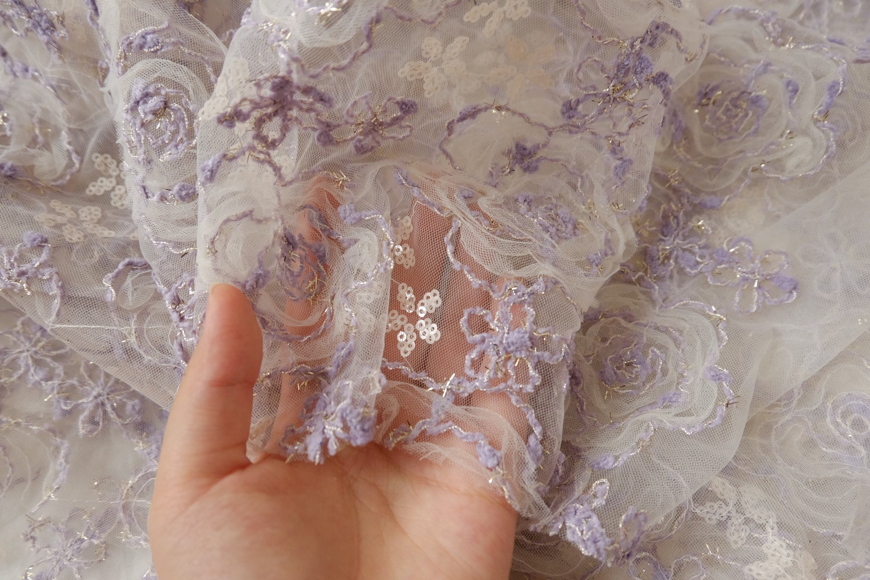 3D Ribbon Rose Sequin Embroidered Tulle – Lavender Statement Mesh Fabric (2.19 yards)