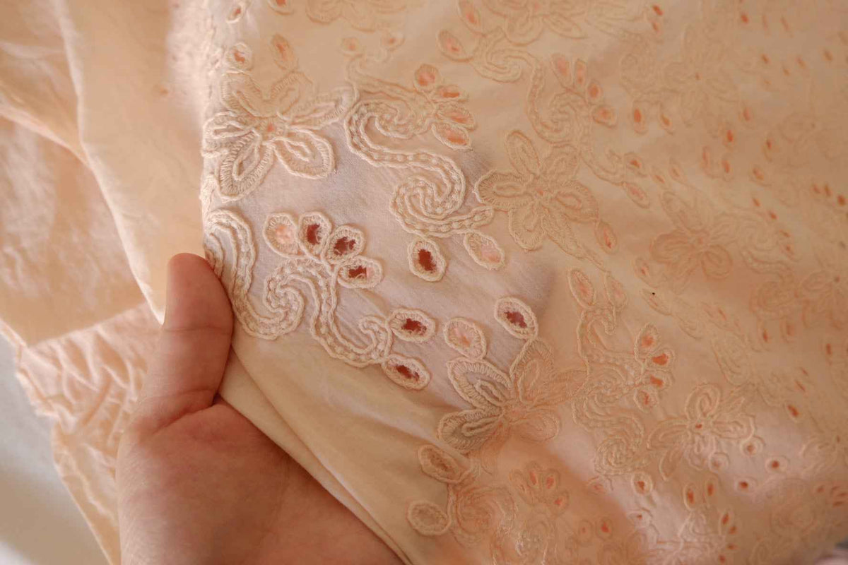 Peach Floral Embroidered Cotton Eyelet Fabric – 1.7 yd