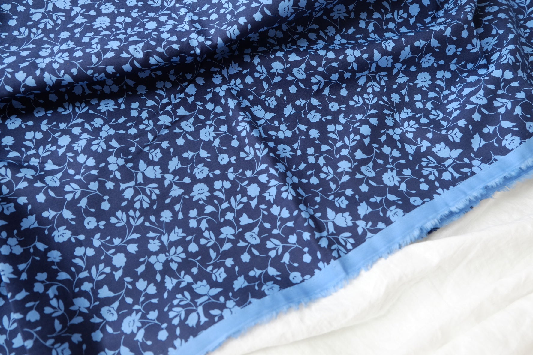 Blue Vine Floral Silky Cotton Lawn Fabric - 2.19 yd