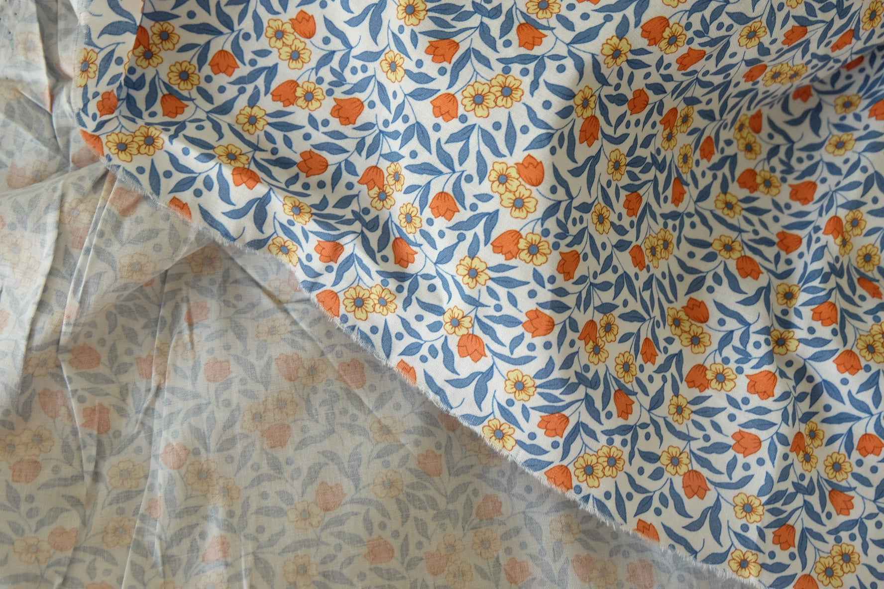 Cotton Poplin Floral Fabric – Blue Leaf & Orange Floral Print-1.9 yds
